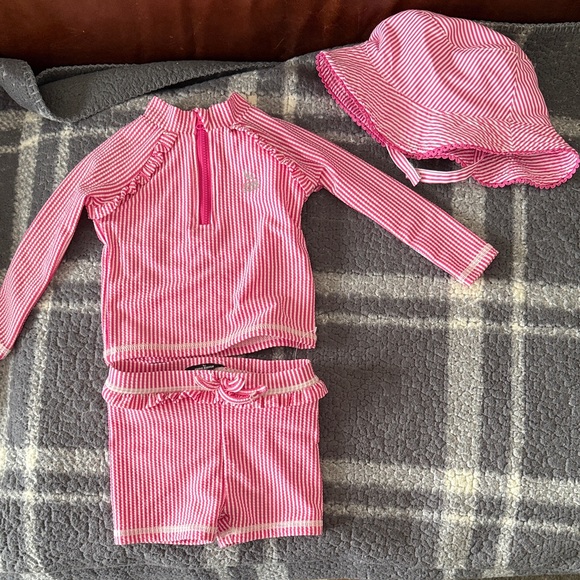 Kids Pink Striped swimsuit Rashguard Set 12m - Picture 1 of 2